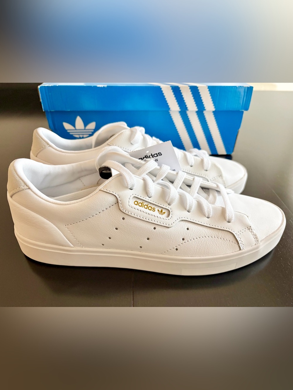 adidas Sleek White Leather Sneakers with Gold Logo